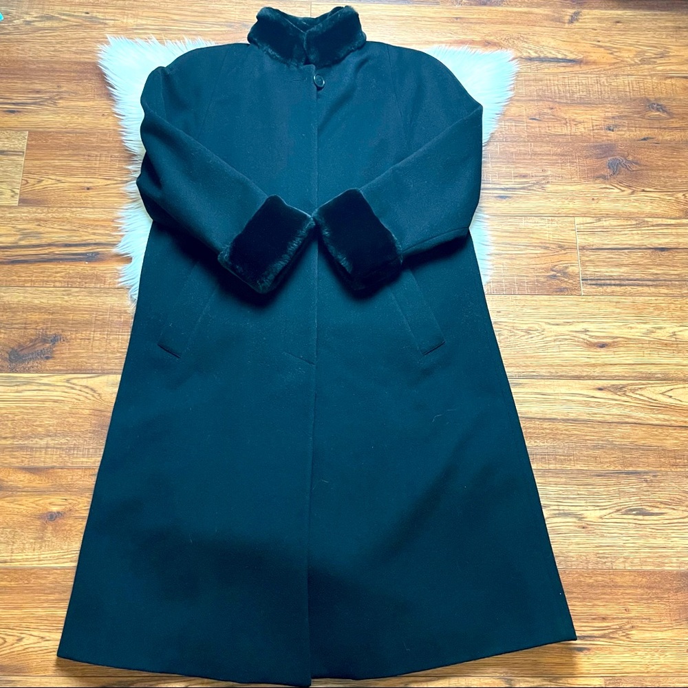 Jones New York Women’s Black Full Length Classic Wool Faux Fur Collar Coat EUC